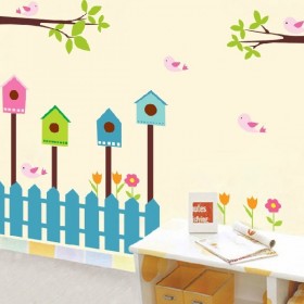 House Fence and Pink Birds Wall Sticker
